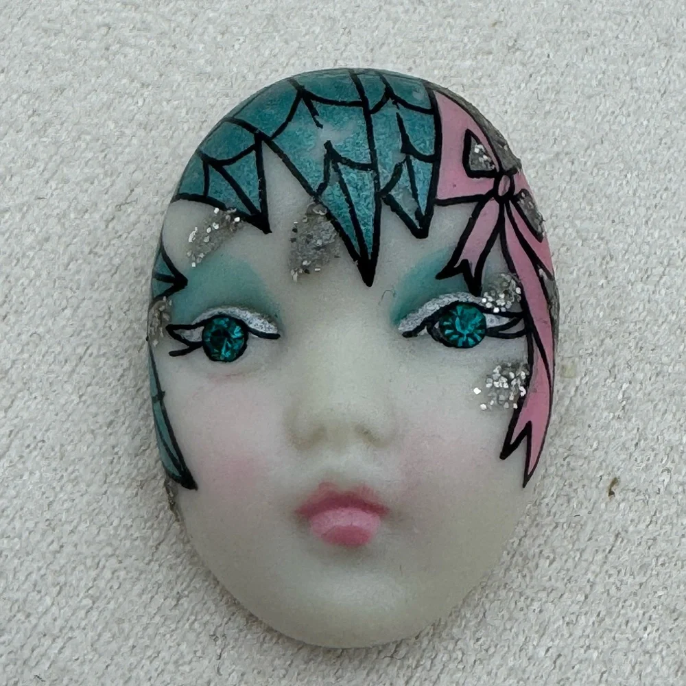 Signed Porcelain Art Deco Lady Face Brooch Blue Pink Rhinestone Pin
